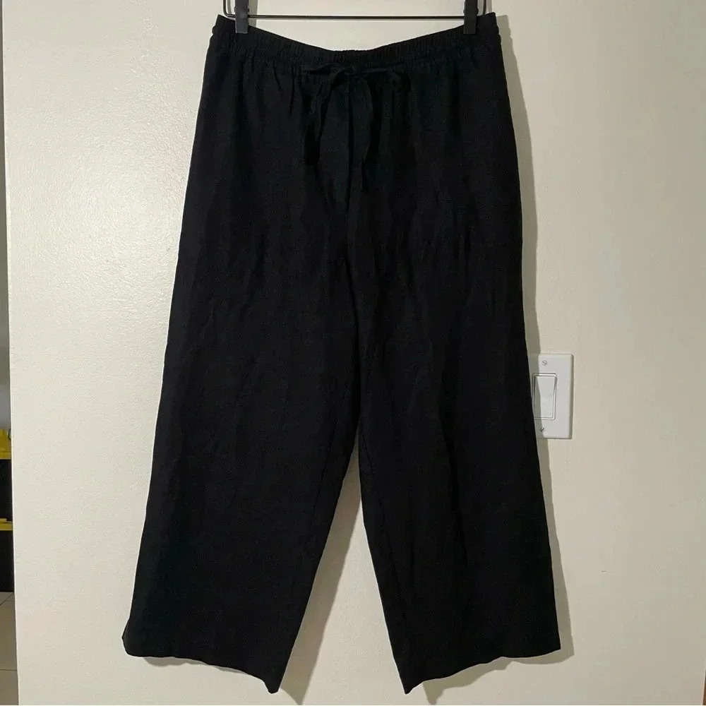 DKNY Pure Black Pull On Drawstring Linen Blend Cropped Leg Pant Women’s Medium